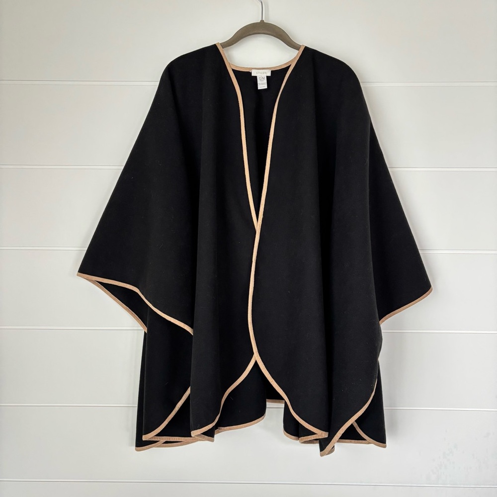 Chico's Elegant Black Cape with Camel Edging Size S/M Oversized - Picture 2 of 10